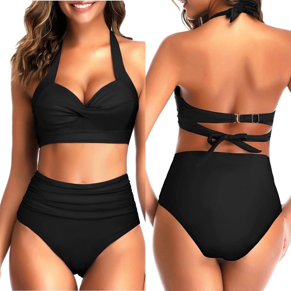 Women 2 Piece Vintage Swimsuit Retro Halter Ruched High Waist Bikini Set Large